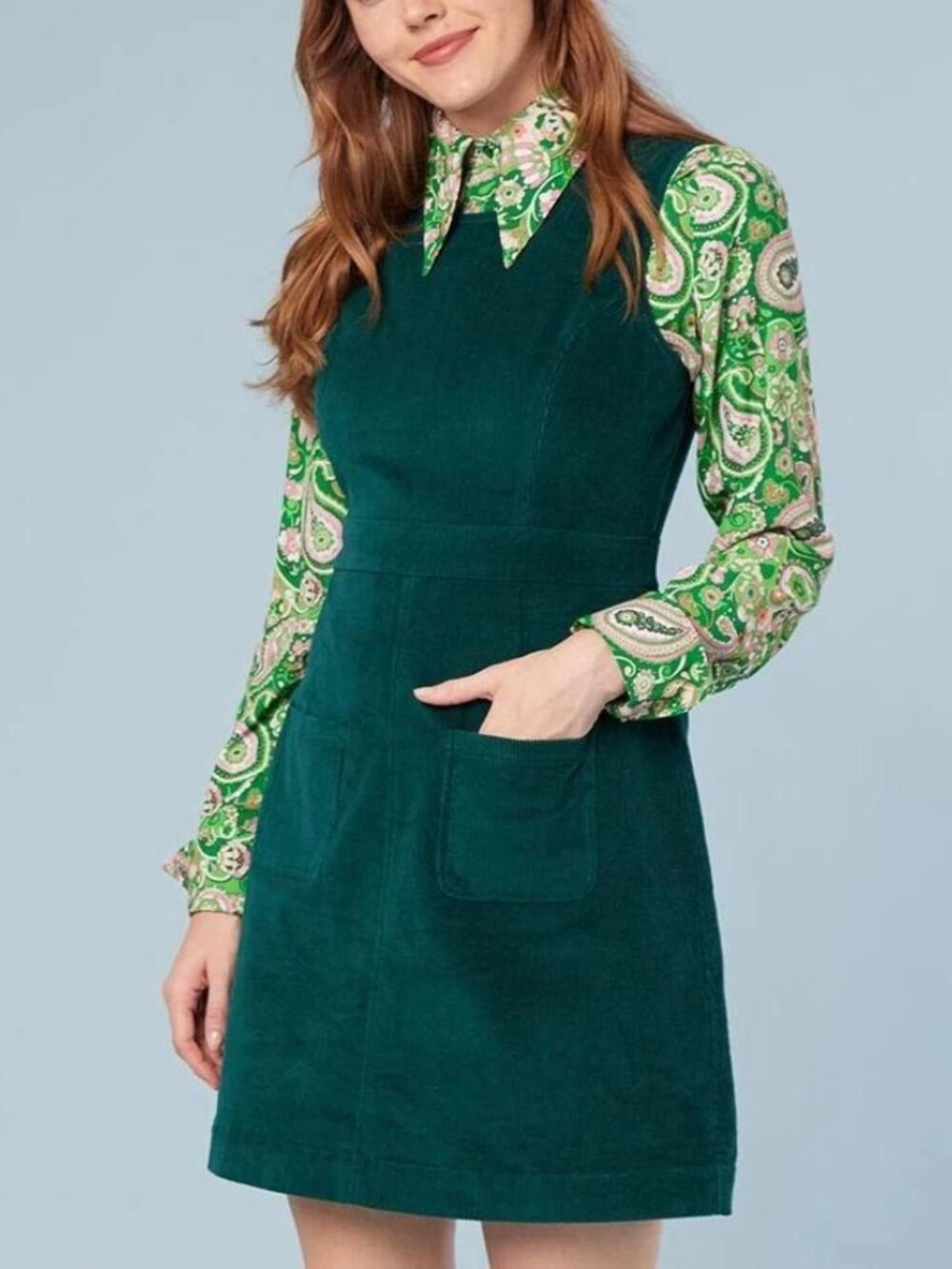 NEW Joanie Daphne Corduroy Patch Pocket Pinafore Green shift dress cotton blend